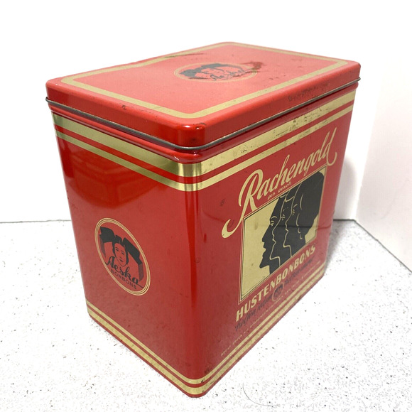 Vintage Rachengold Hustenbonbons tin red & gold hinged lid Aeska Bonbons kitchen - Picture 2 of 11